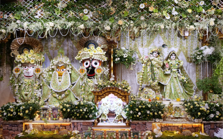 Main altar of the ISKCON - London Radha-Krishna Temple decorated for Janmashtami 2022 