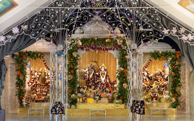 Main altar of the ISKCON New Govardhana Temple decorated for Janmashtami 2019