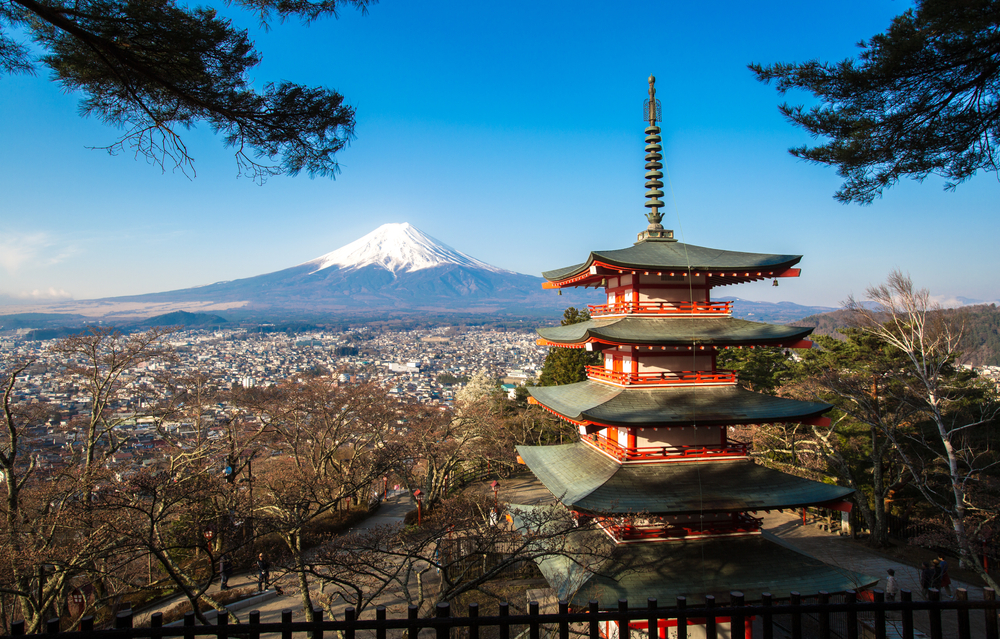 Chureito Red Pagoda and Mt. Fuji in Fujiyoshid Japan
