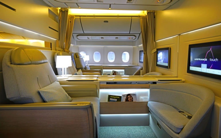 Inside the First Class La Premiere cabin on an Air France (AF) plane. The new luxury seats were launched in 2014.