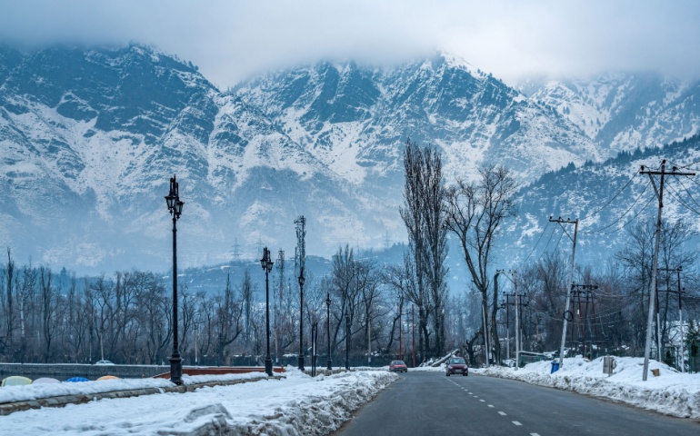 Road next to Dal Lake in winter. 
