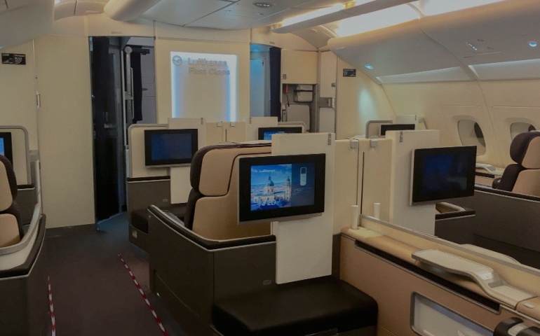 View into First Class cabin aboard Lufthansa Airbus A380