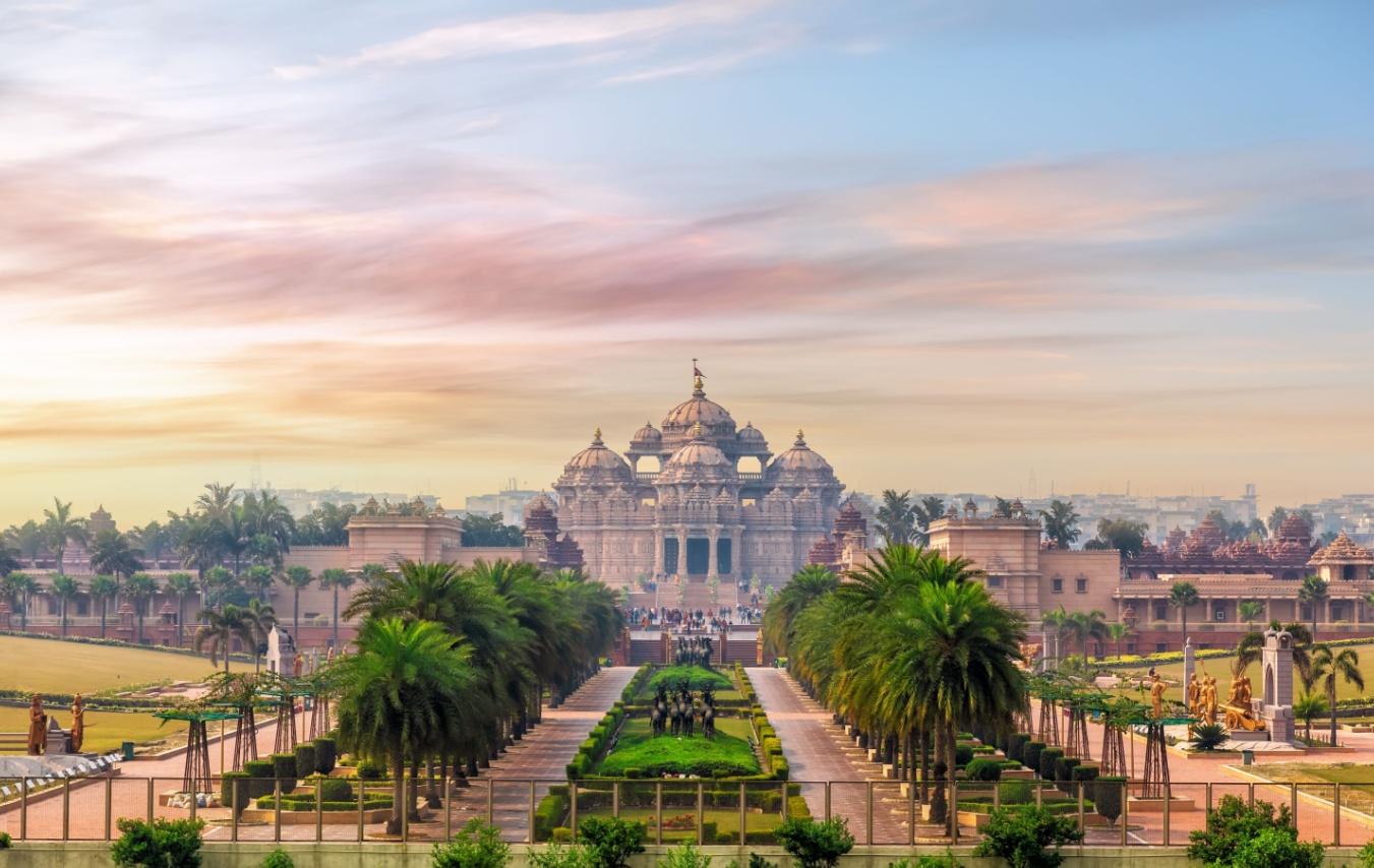 Aerial view of the Swaminarayan Akshardham complex at sunset, Delhi, India