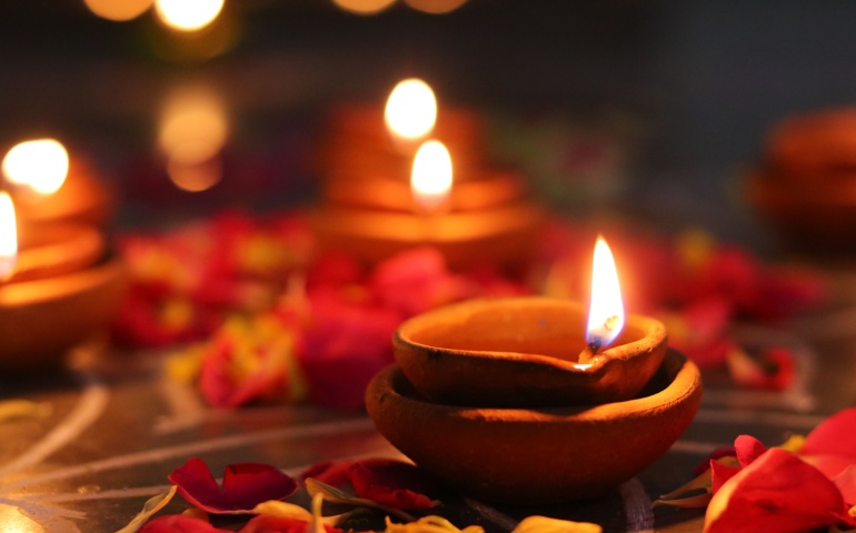 Diyas and flower petals