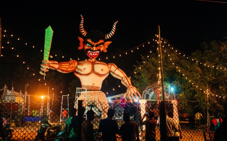 Celebrating the victory of good over evil by burning the statue of Narkasur in Goa.