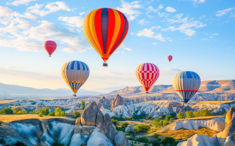 Hot air balloons flying over the rock landscape in Cappadocia, Turkey.