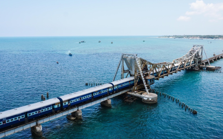 Train passing along the Pamban Bridge, Rameshwaram