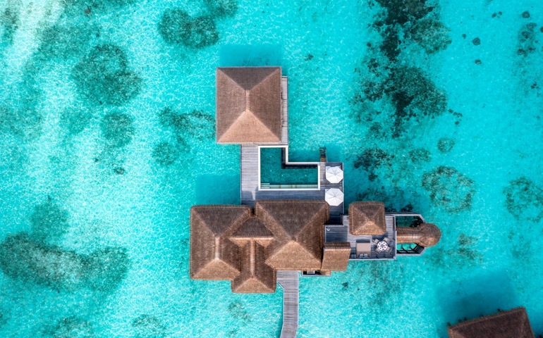 Aerial view of the family villa with pool at Gili Lankanfushi