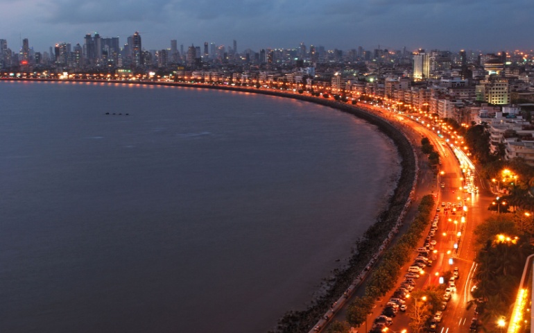 A panoramic view of Marine Drive at night