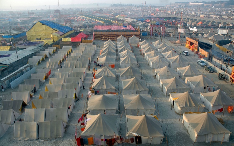 Temporary tents set up for devotees at the Mahakumbh Mela