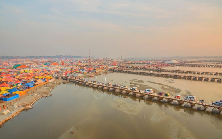 Aerial view of Triveni Sangam, Prayagraj