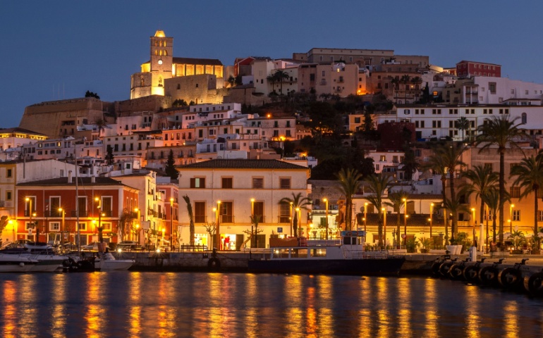 Nighttime view of Ibiza and the Harbor