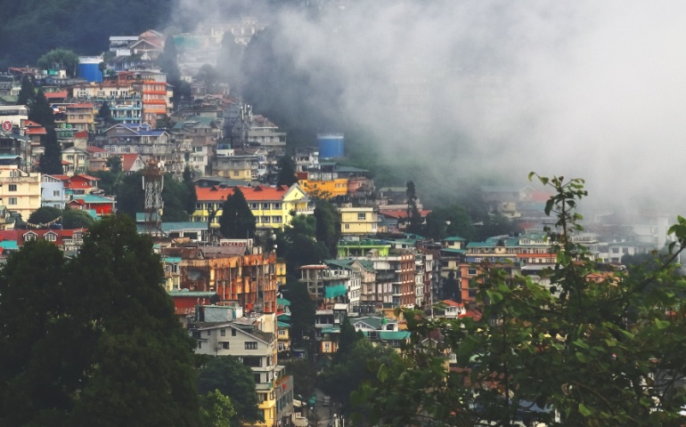 The fog-covered Darjeeling hill station