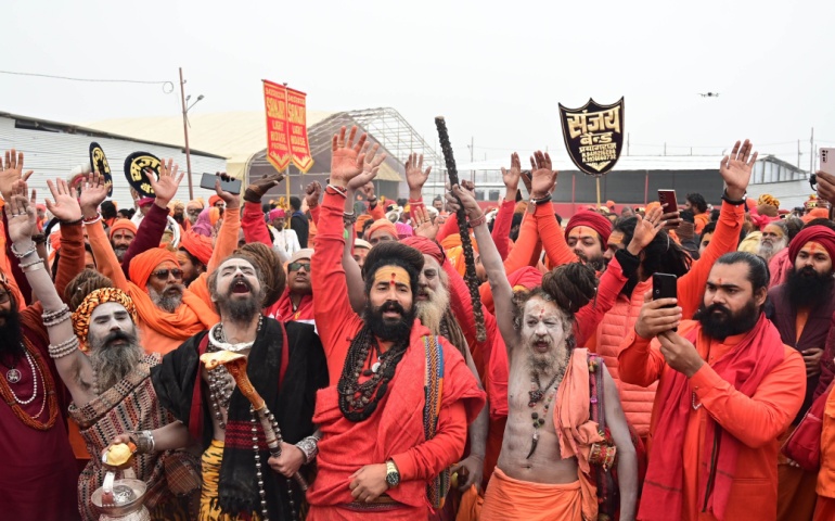 Sadhus at the Dharam Dhwaja Puja for the Mahakumbh in 2024